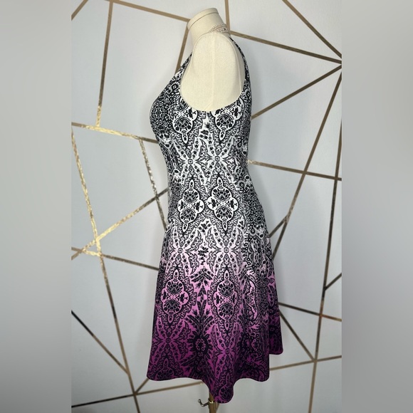 Maggy London Black, White, Purple Ombré A-line Midi Dress Halter Neckline (878) - Picture 10 of 17